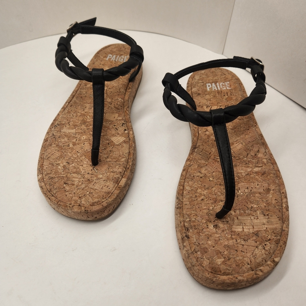 Paige sandals 8 black twisted leather Dawn T strap thong platform cork new $198